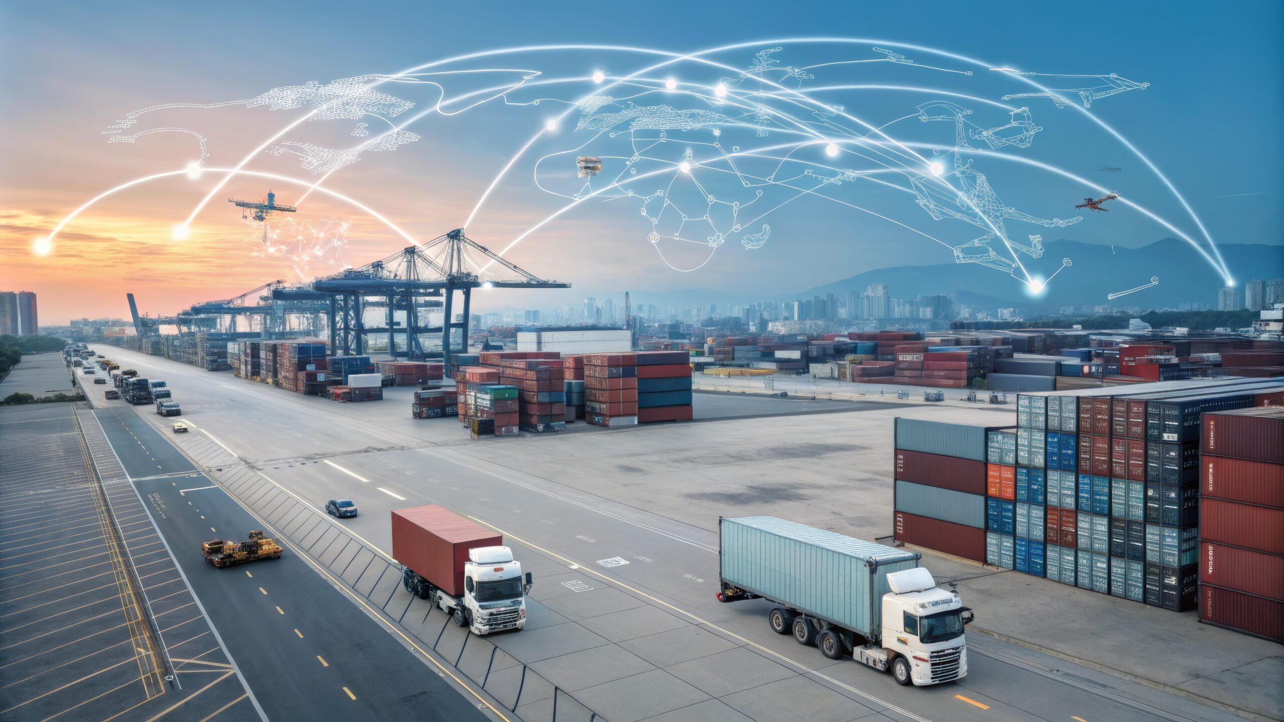 Shipping containers, cranes and trucks at a port with digital network lines over the sky.